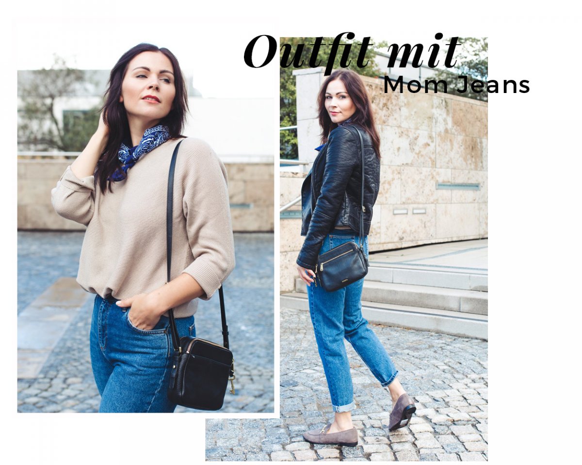 Outfit Kleidermaedchen.de Modeblog, erfurt, thueringen, berlin, fashionblog, Fashion Blog, Magazin, Blogazine, kleidermaedchen.de, Influencer Marketing und Kommunikation, Creator, Herbstoutfit, Topshop Mom Jeans, H&M Pullover, Topshop Kendall Slipper, Gucci Slipper, Lederjacke, Fossil Piper Tasche, Halstuch, leather jacket, sweater, neckerchief, Outfit Review Oktober