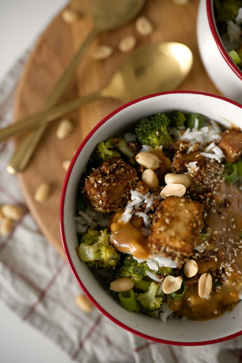 Vegane Reis-Bowl mit gebratenem Tofu und Sesam-Erdnuss-Sauce bereiten wir auf dem Foodblog zu. Das gesunde Rezept ist im Nu zubereitet und genau das Richtige für Liebhaber der asiatischen Küche. Ein leichtes Rezept auch ideal zum Abnehmen | www.kleidermaedchen.de