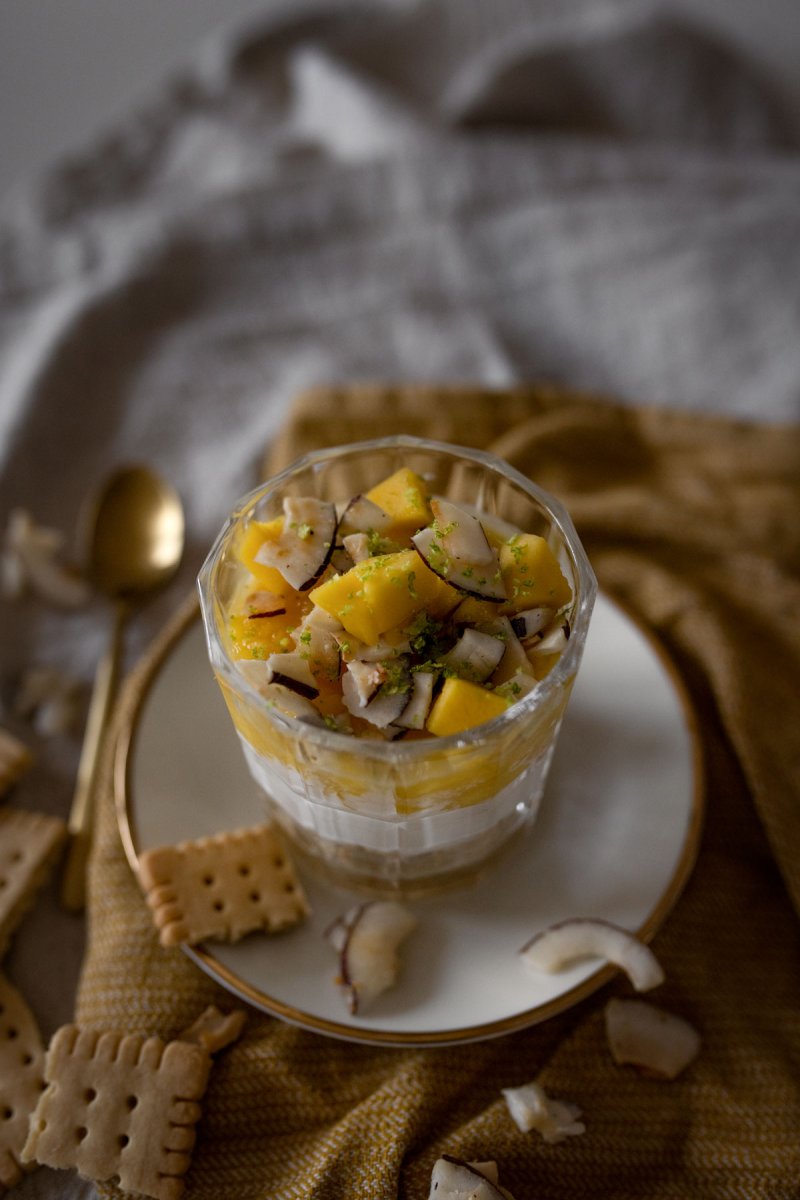 Veganes Mango-Kokos-Dessert mit Keksboden und Fruchttopping. Ganz einfach, schnell und lecker selber machen. Das Rezept findest du auf dem veganen Food- und Lifestyle Blog. | www.kleidermaedchen.de